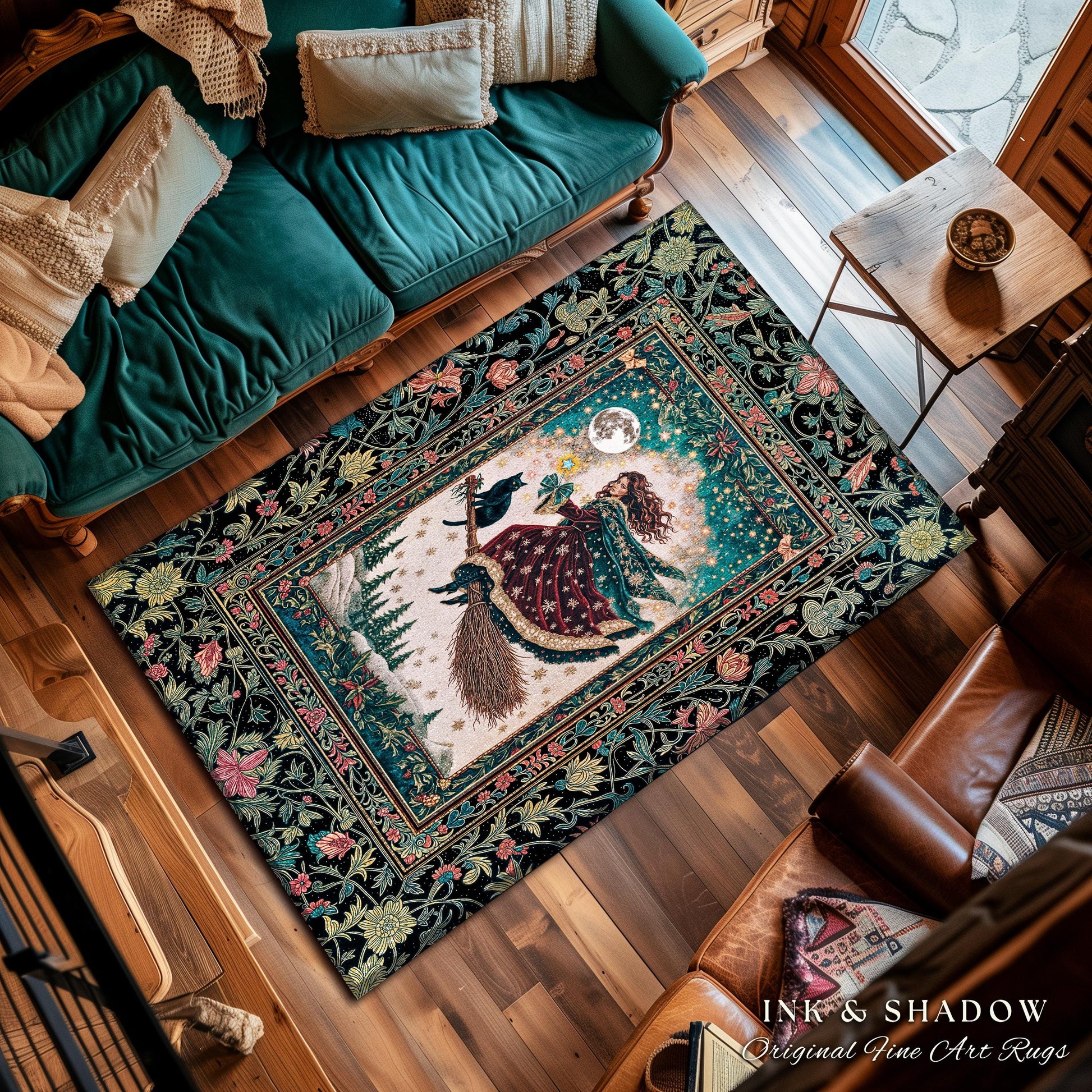 Snow Witch Celestial Accent Rug | Magical Black Cat Gothic Decor Broomstick Whimsigoth Magic Cottagecore Aesthetic Bedroom Area Rug Mystic |