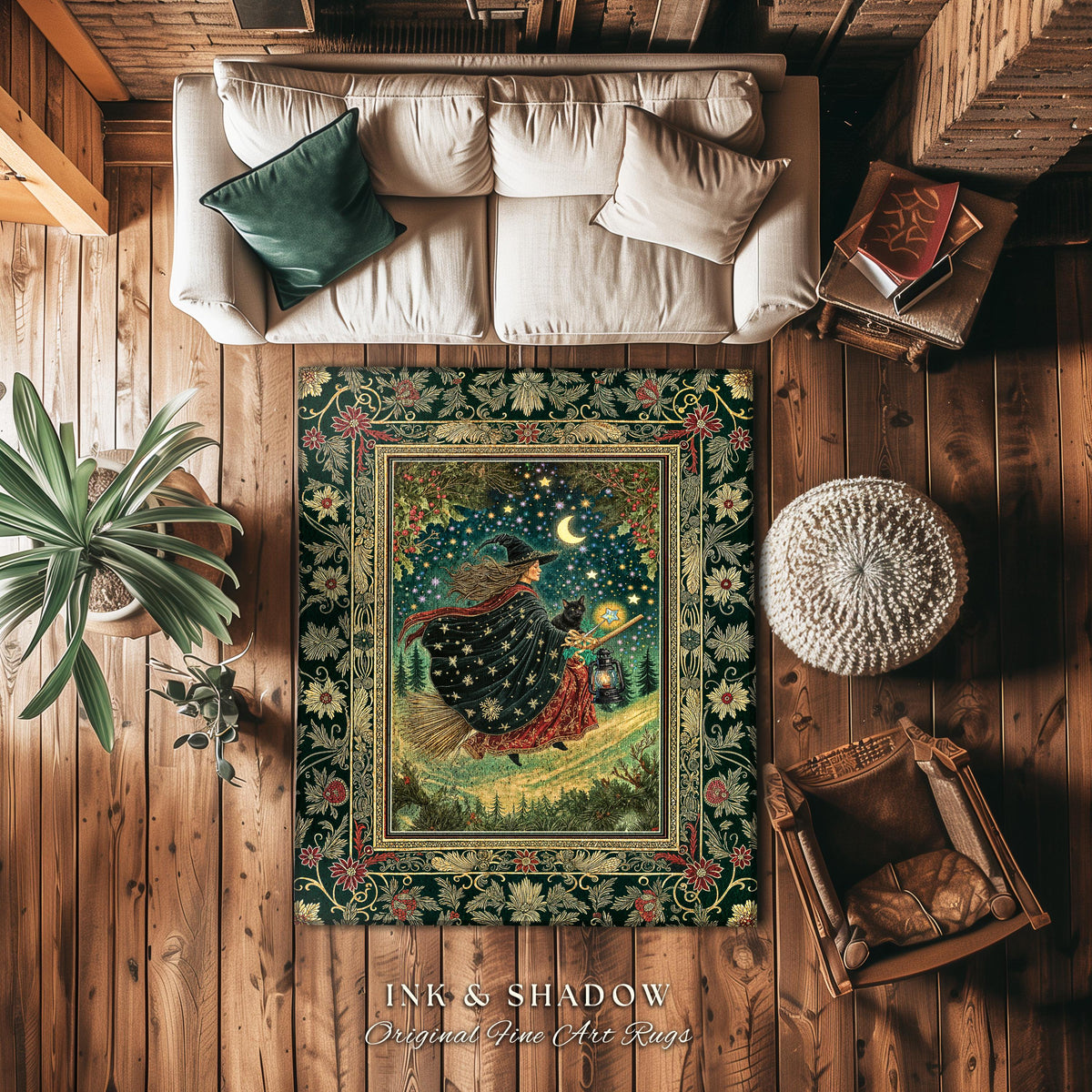 Autumn Witch Starry Celestial Rug | Gothic Decor Bewitched Black Cat Magic Cottagecore Style Enchanted Bedroom Accent Whimsical Winter Theme