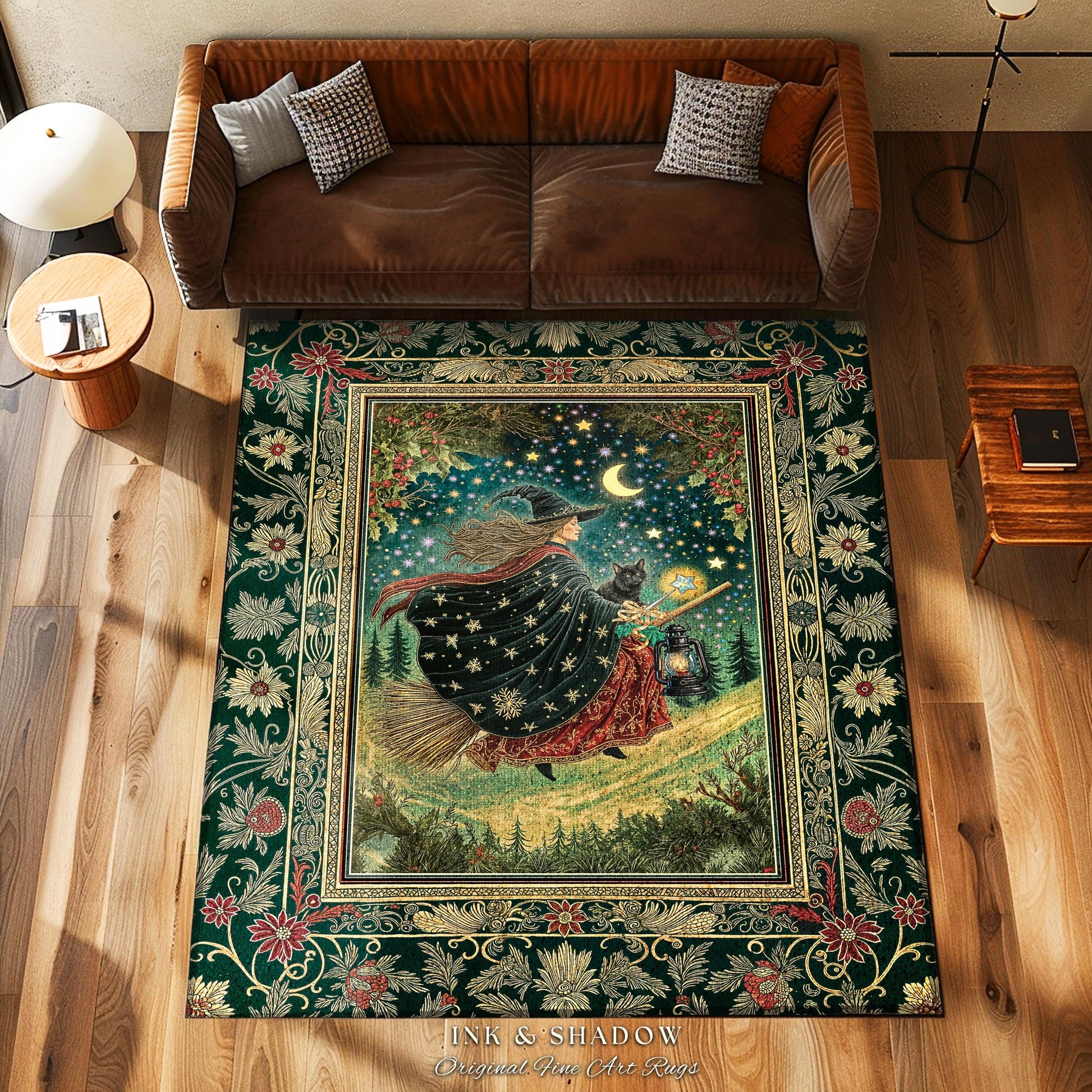 Autumn Witch Starry Celestial Rug | Gothic Decor Bewitched Black Cat Magic Cottagecore Style Enchanted Bedroom Accent Whimsical Winter Theme