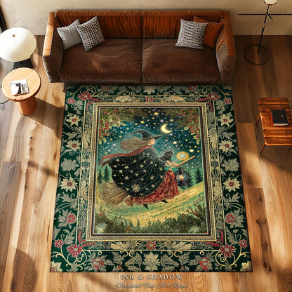 Autumn Witch Starry Celestial Rug | Gothic Decor Bewitched Black Cat Magic Cottagecore Style Enchanted Bedroom Accent Whimsical Winter Theme