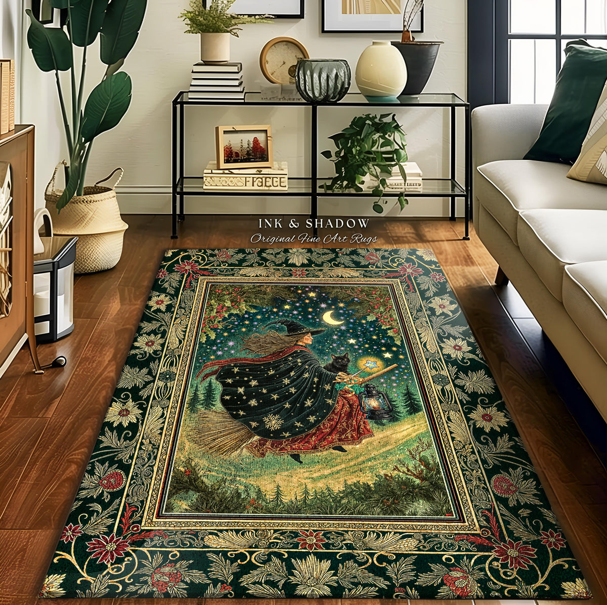 Autumn Witch Starry Celestial Rug | Gothic Decor Bewitched Black Cat Magic Cottagecore Style Enchanted Bedroom Accent Whimsical Winter Theme