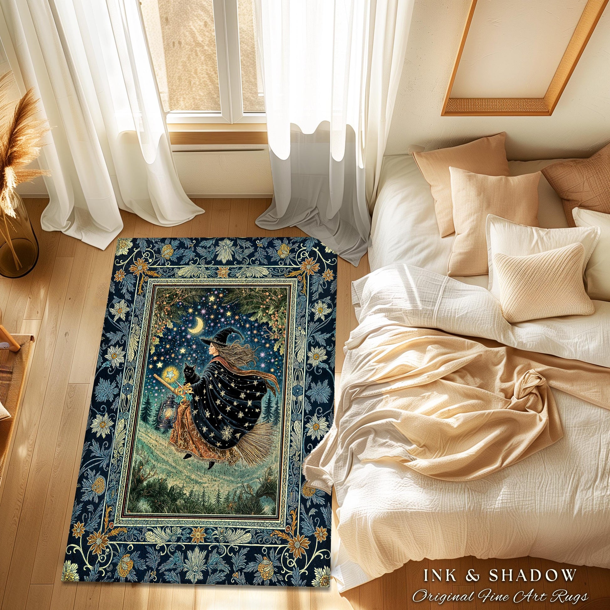 Nostalgic Storybook Witch Rug | Gothic Home Accent Enchanted Black Cat Magic Dark Academia Broomstick Moonlit Decor Throw Ethereal Bedroom