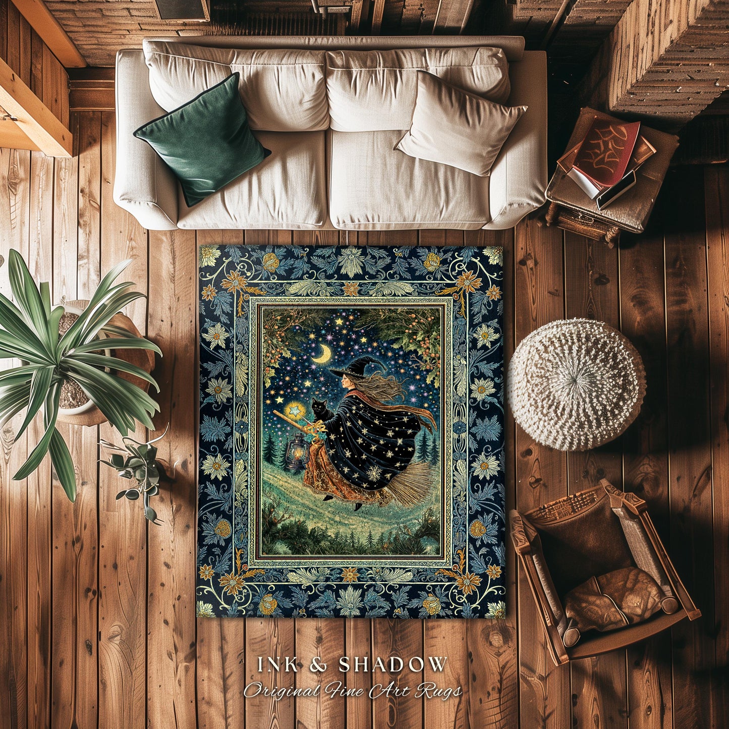 Nostalgic Storybook Witch Rug | Gothic Home Accent Enchanted Black Cat Magic Dark Academia Broomstick Moonlit Decor Throw Ethereal Bedroom