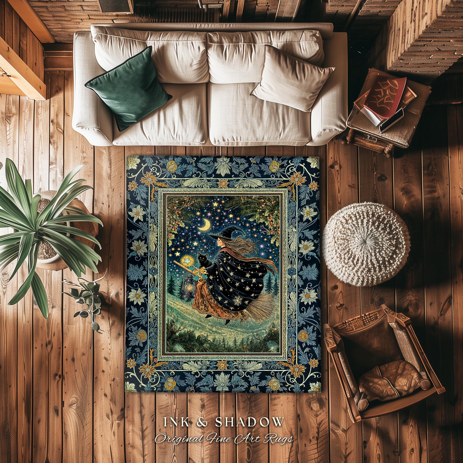 Nostalgic Storybook Witch Rug | Gothic Home Accent Enchanted Black Cat Magic Dark Academia Broomstick Moonlit Decor Throw Ethereal Bedroom