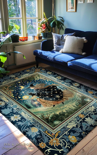 Nostalgic Storybook Witch Rug | Gothic Home Accent Enchanted Black Cat Magic Dark Academia Broomstick Moonlit Decor Throw Ethereal Bedroom |