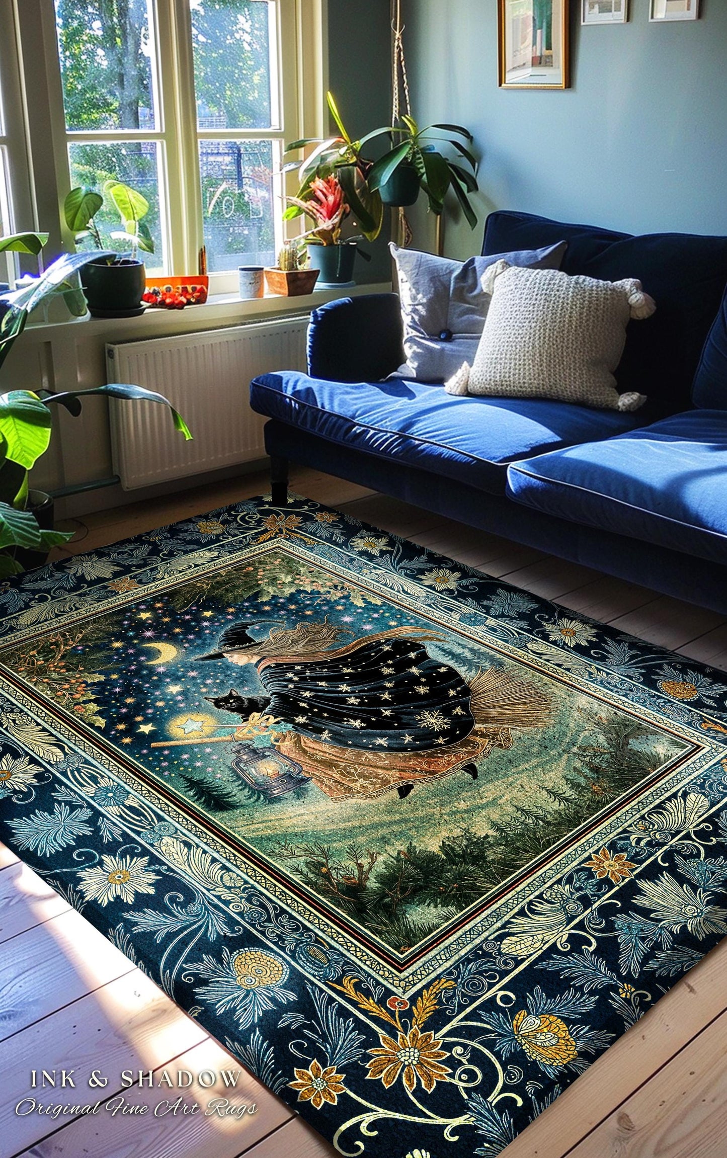 Nostalgic Storybook Witch Rug | Gothic Home Accent Enchanted Black Cat Magic Dark Academia Broomstick Moonlit Decor Throw Ethereal Bedroom