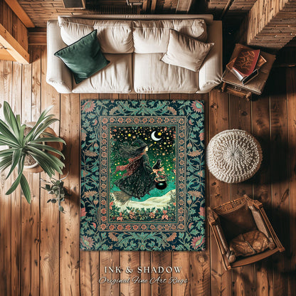 Magic Landscape Winter Witch Rug | Moonlit Ethereal Witchy Bedroom Accent Gothic Decor Moon Black Cat Whimsical Folklore Cottagecore Style