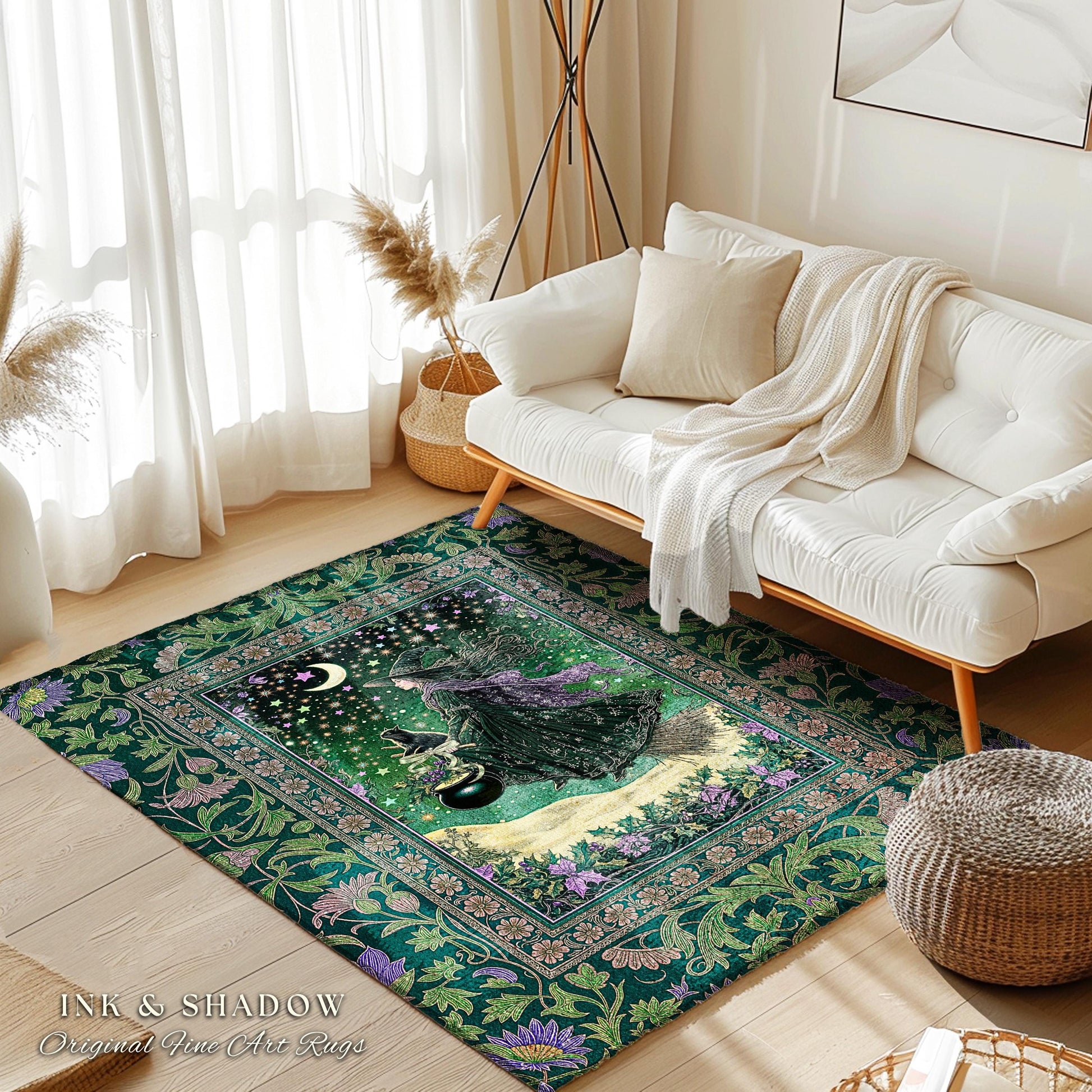 Botanical Witch Flying Broomstick Rug | Whimsigoth Bedroom Accent Gothic Cat Mystic Midnight Magic Aesthetic Moody Green Sky Moonlight Decor