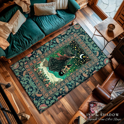 Magic Landscape Winter Witch Rug | Moonlit Ethereal Witchy Bedroom Accent Gothic Decor Moon Black Cat Whimsical Folklore Cottagecore Style
