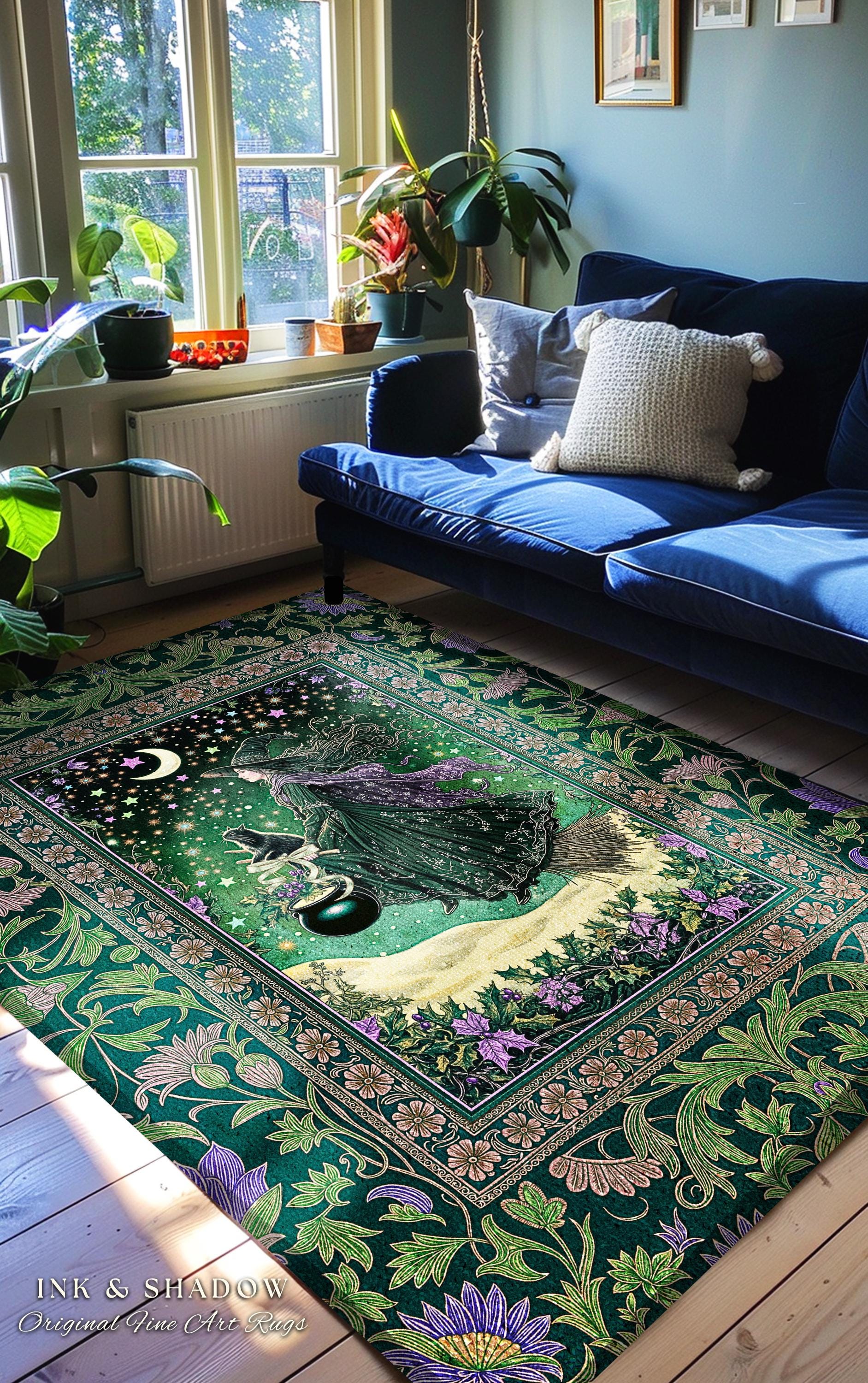 Botanical Witch Flying Broomstick Rug | Whimsigoth Bedroom Accent Gothic Cat Mystic Midnight Magic Aesthetic Moody Green Sky Moonlight Decor