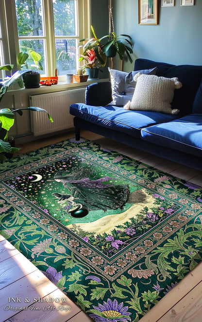 Botanical Witch Flying Broomstick Rug | Whimsigoth Bedroom Accent Gothic Cat Mystic Midnight Magic Aesthetic Moody Green Sky Moonlight Decor