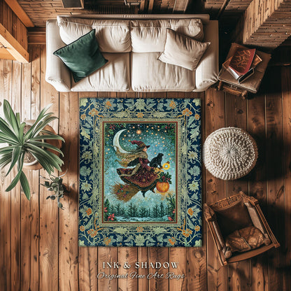 Pumpkin Witch Winter Accent Rug | Mystical Gothic Decor Black Cat Broomstick Spooky Season Botanical Moon Stars Winter Whimsigoth Style Room
