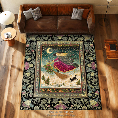 Snowy Moonlit Night Witchy Rug | Celestial Cat Gothic Decor Broomstick Ride Whimsigoth Magic Cottagecore Folk Aesthetic Bedroom Accent Rug |