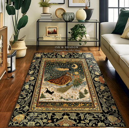 Winter Folklore Witch Accent Rug | Enchanted Cottagecore Decor Mystic Aesthetic Black Cat Gothic Elegance Celestial Storybook Bedroom Rug |