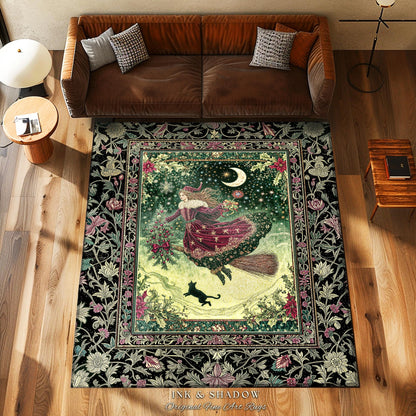 Snowy Magic Celestial Witch Rug | Gothic Magic Black Cat Bedroom Accent Broomstick Ride Moon Stars Botanical Frame Mystical Folklore Art |