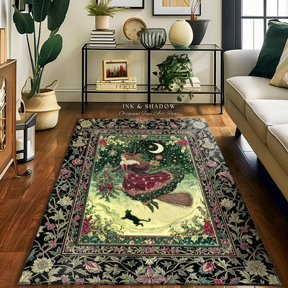 Snowy Magic Celestial Witch Rug | Gothic Magic Black Cat Bedroom Accent Broomstick Ride Moon Stars Botanical Frame Mystical Folklore Art |