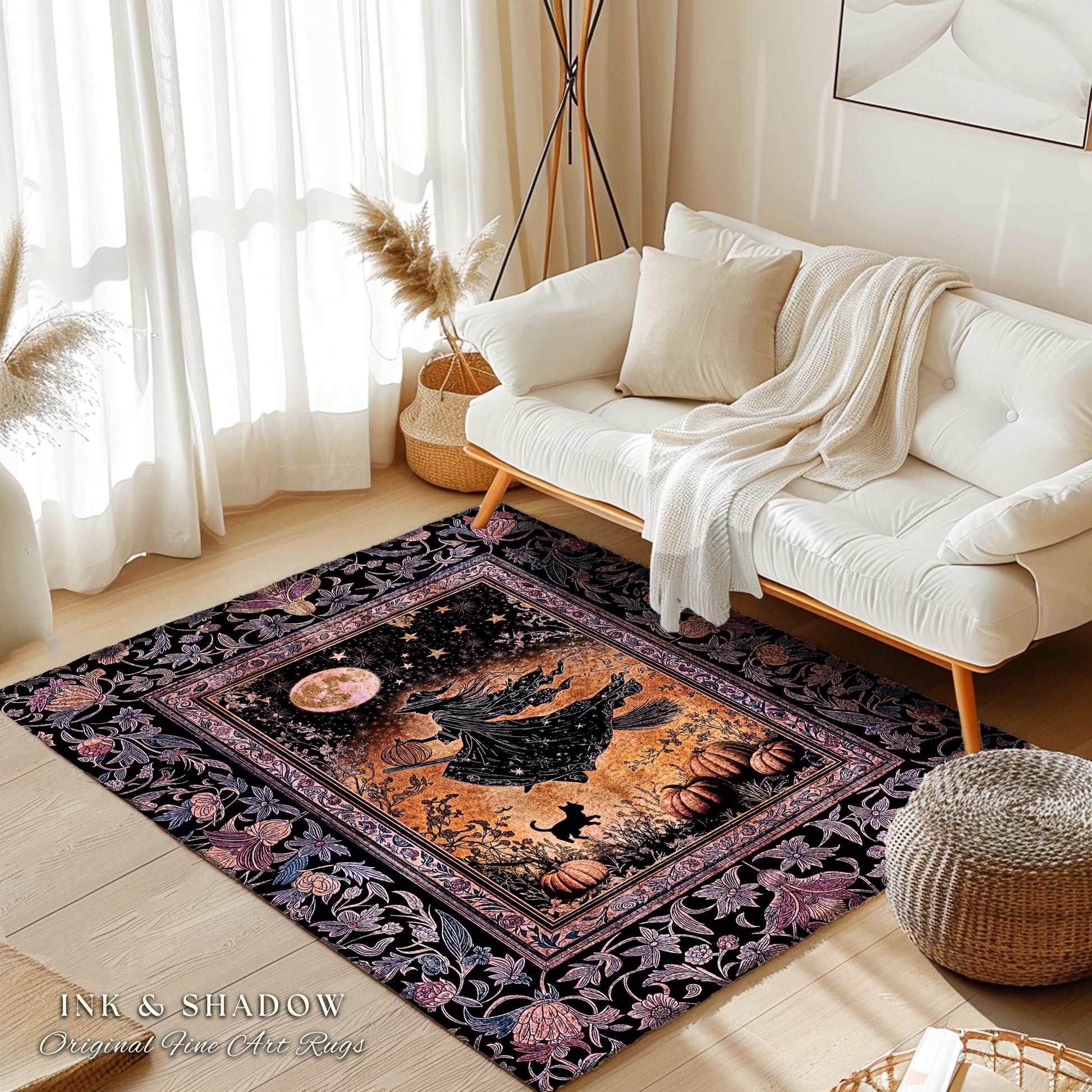 Harvest Moon Spooky Witch Accent Rug | Enchanted Black Cat Moody Bedroom Area Rug Gothic Decor Folklore Aesthetic Celestial Night Whimsical