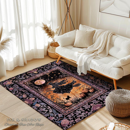 Harvest Moon Spooky Witch Accent Rug | Enchanted Black Cat Moody Bedroom Area Rug Gothic Decor Folklore Aesthetic Celestial Night Whimsical