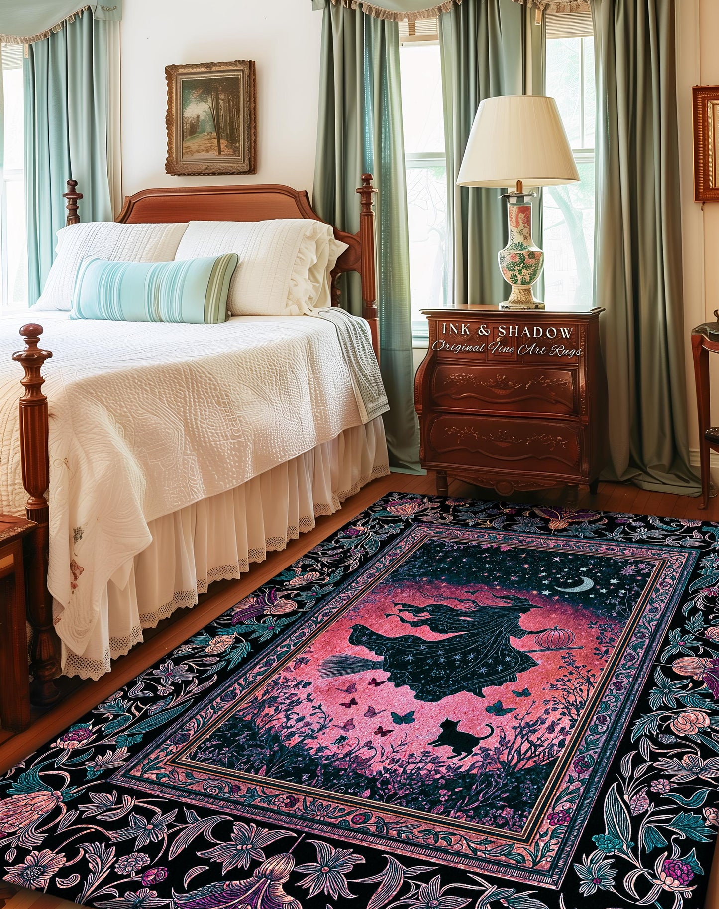 Moody Magenta Witch Silhouette Rug | Whimsigoth Aesthetic Flying Broomstick Black Cat Halloween Moon Magic Night Gothic Folklore Bedroom Art