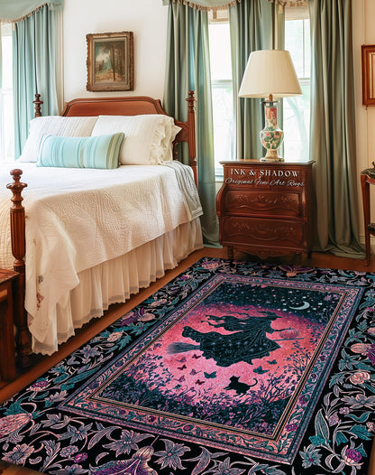 Moody Magenta Witch Silhouette Rug | Whimsigoth Aesthetic Flying Broomstick Black Cat Halloween Moon Magic Night Gothic Folklore Bedroom Art