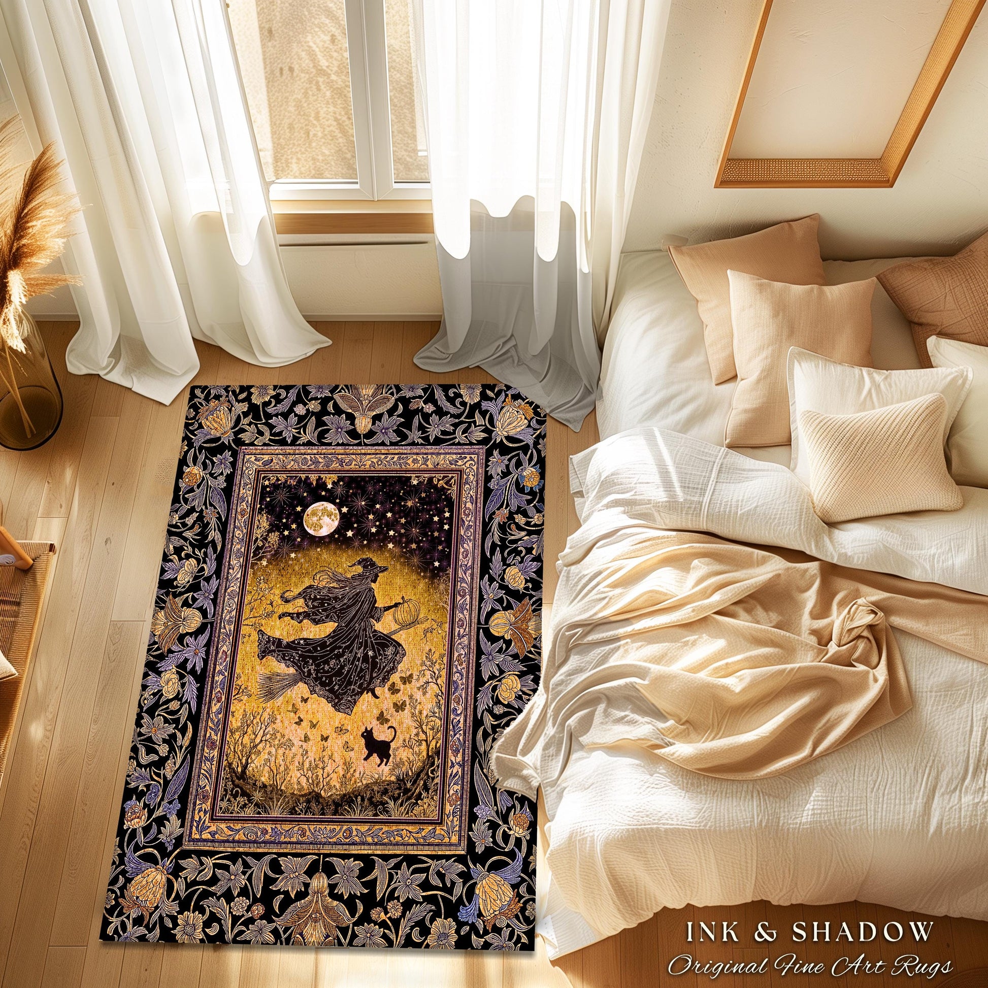 Golden Witch Autumn Area Rug | Moonlit Gothic Halloween Magic Decor Folklore Style Whimsigoth Night Sky Enchanted Bedroom Area Rug Spooky |