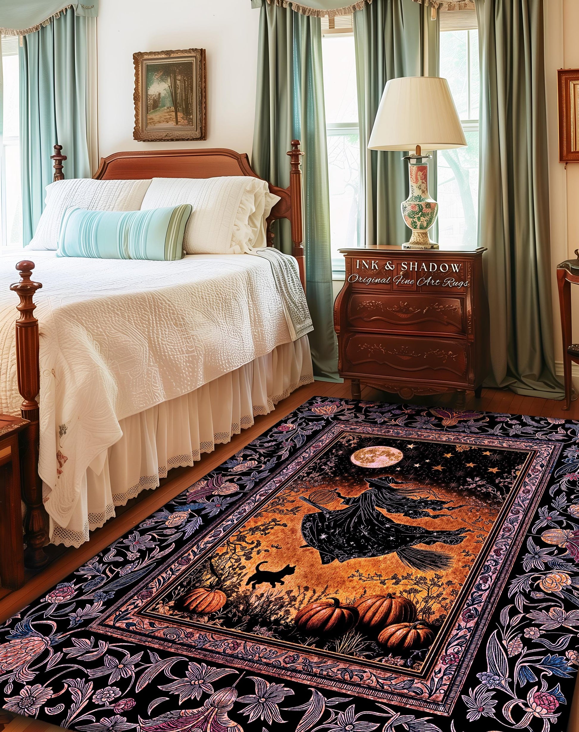 Harvest Moon Spooky Witch Accent Rug | Enchanted Black Cat Moody Bedroom Area Rug Gothic Decor Folklore Aesthetic Celestial Night Whimsical