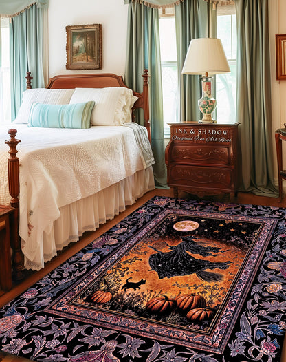 Harvest Moon Spooky Witch Accent Rug | Enchanted Black Cat Moody Bedroom Area Rug Gothic Decor Folklore Aesthetic Celestial Night Whimsical
