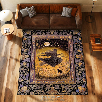 Golden Witch Autumn Area Rug | Moonlit Gothic Halloween Magic Decor Folklore Style Whimsigoth Night Sky Enchanted Bedroom Area Rug Spooky |