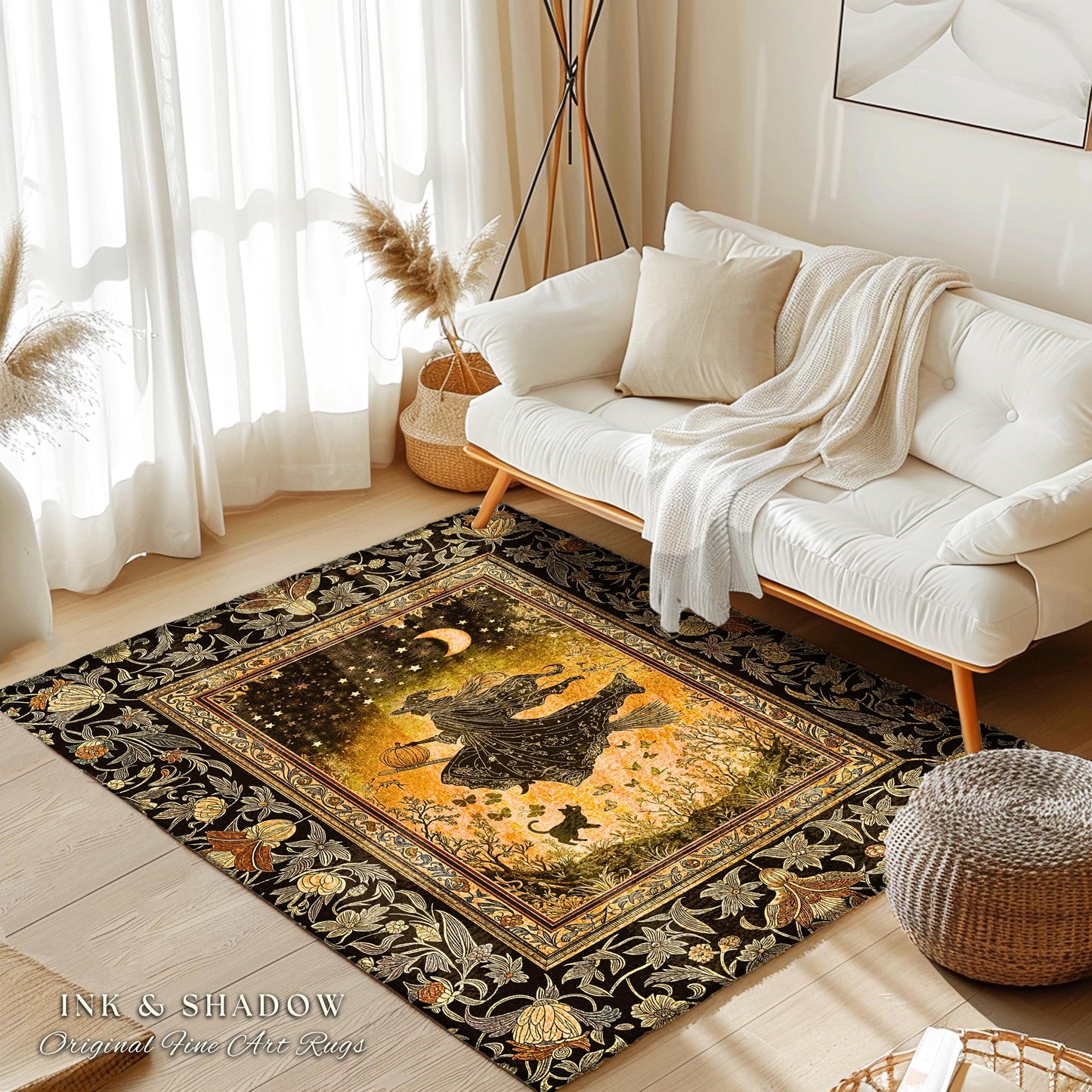 Amber Witch Gothic Folklore Rug | Celestial Black Cat Halloween Decor Maximalist Bedroom Accent Folklore Aesthetic Cottagecore Spooky Season