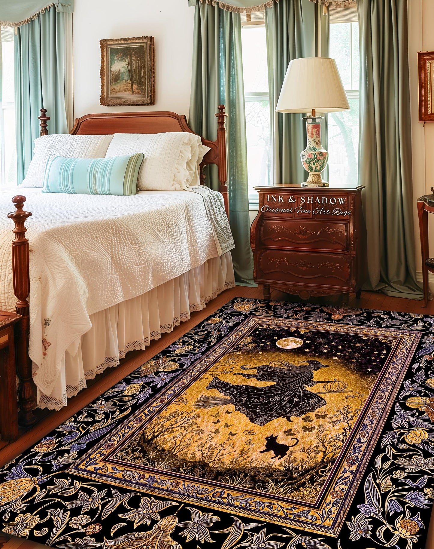 Golden Witch Autumn Area Rug | Moonlit Gothic Halloween Magic Decor Folklore Style Whimsigoth Night Sky Enchanted Bedroom Area Rug Spooky |