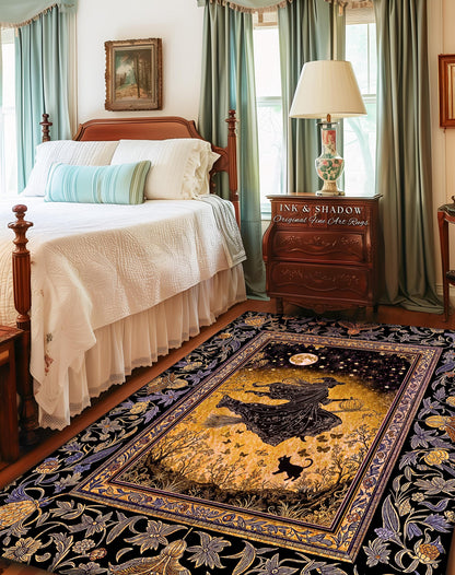 Golden Witch Autumn Area Rug | Moonlit Gothic Halloween Magic Decor Folklore Style Whimsigoth Night Sky Enchanted Bedroom Area Rug Spooky |