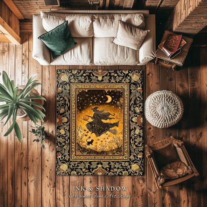 Amber Witch Gothic Folklore Rug | Celestial Black Cat Halloween Decor Maximalist Bedroom Accent Folklore Aesthetic Cottagecore Spooky Season