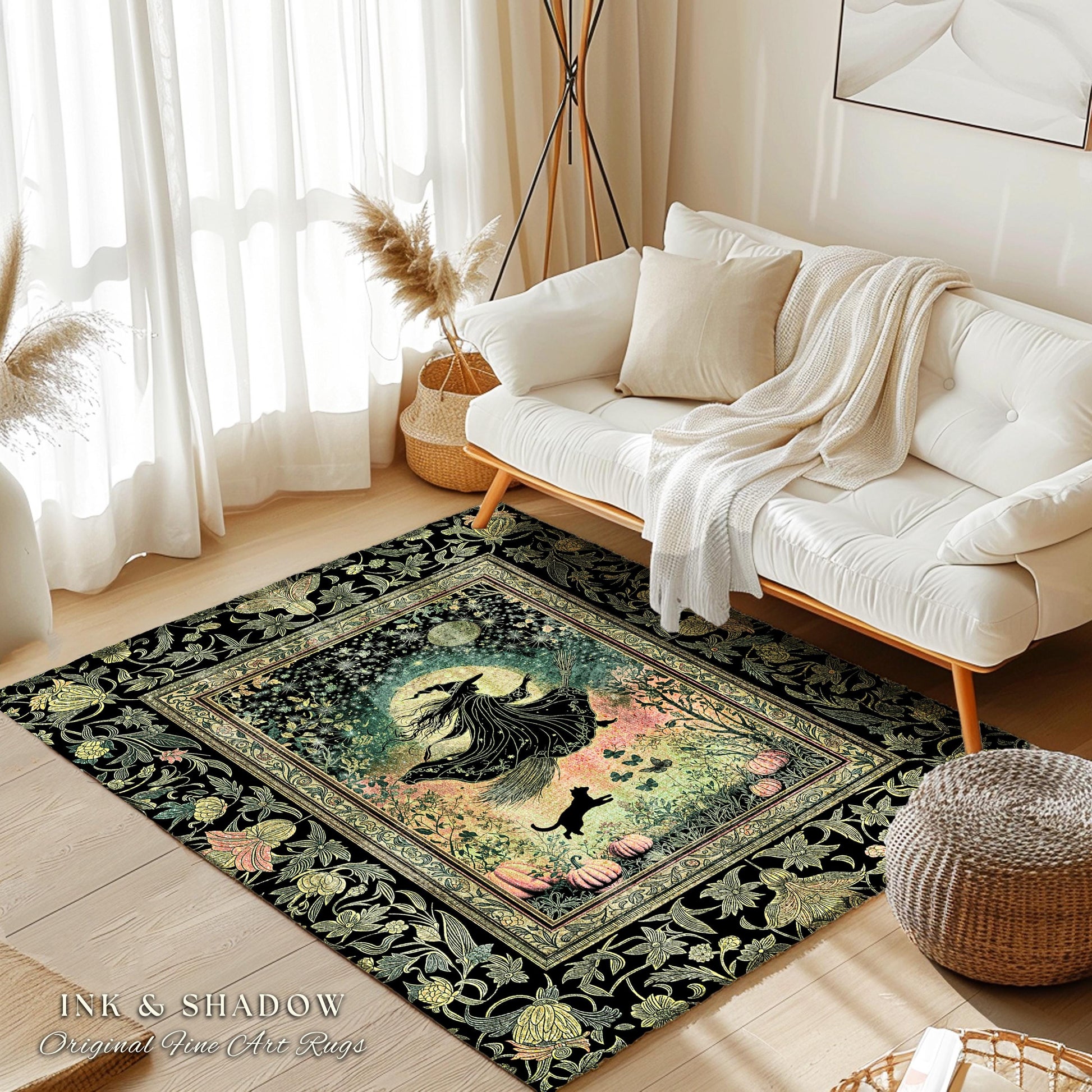 Emerald Sky Flying Witch Accent Rug | Fall Pumpkin Field Bedroom Area Rug Whimsigoth Aesthetic Celestial Folk Art Autumn Dorm Decor Magic |