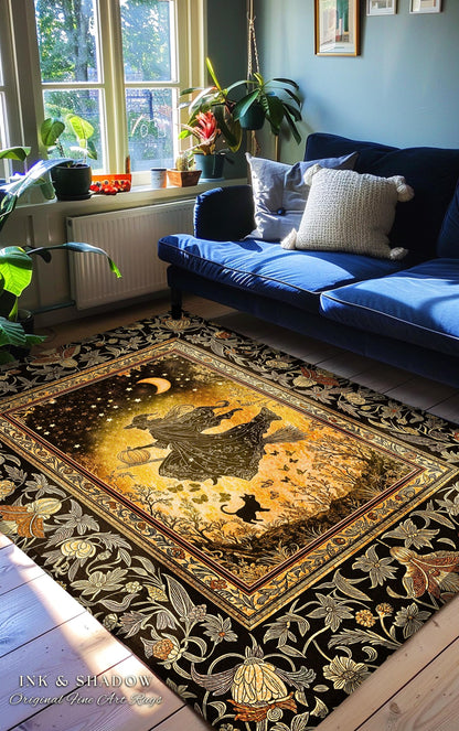 Amber Witch Gothic Folklore Rug | Celestial Black Cat Halloween Decor Maximalist Bedroom Accent Folklore Aesthetic Cottagecore Spooky Season
