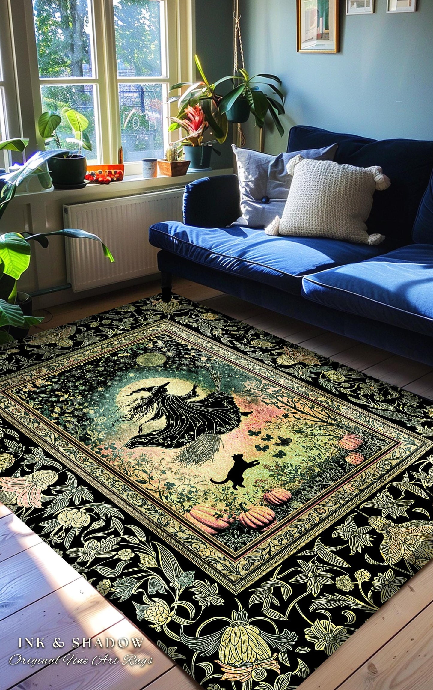 Emerald Sky Flying Witch Accent Rug | Fall Pumpkin Field Bedroom Area Rug Whimsigoth Aesthetic Celestial Folk Art Autumn Dorm Decor Magic |