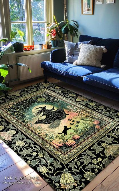 Emerald Sky Flying Witch Accent Rug | Fall Pumpkin Field Bedroom Area Rug Whimsigoth Aesthetic Celestial Folk Art Autumn Dorm Decor Magic |