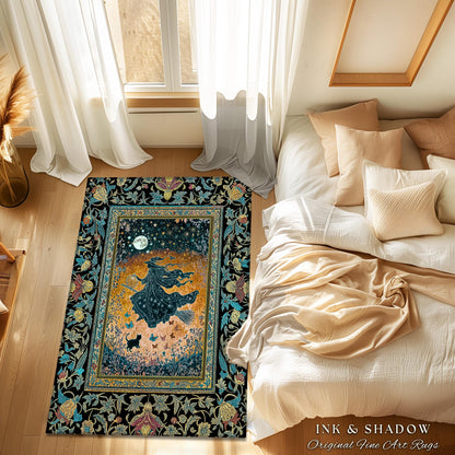 Autumn Aesthetic Witchy Area Rug | Fall Gothic Dark Cottagecore Decor Moonlight Magic Black Cat Whimsigoth Dorm Accent Maximalist Halloween