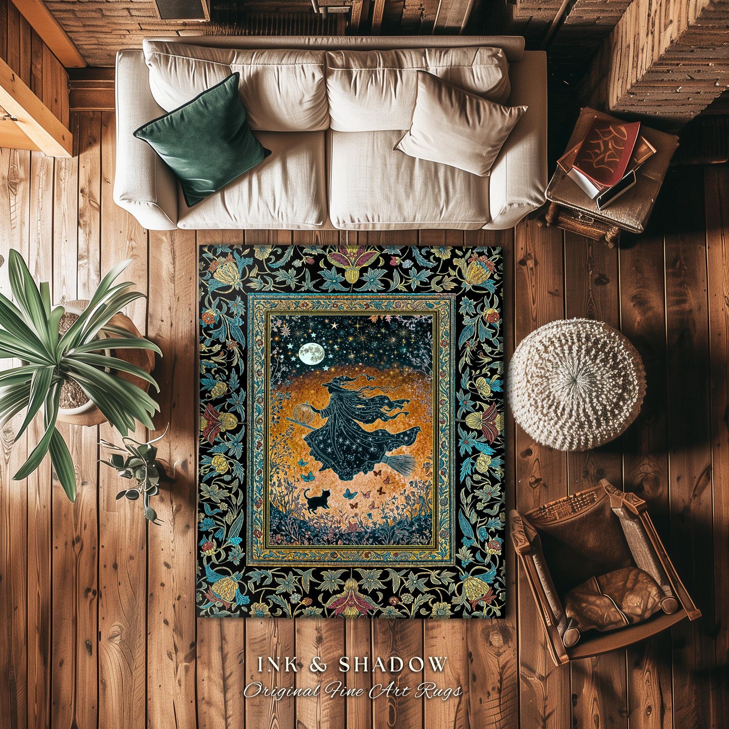 Autumn Aesthetic Witchy Area Rug | Fall Gothic Dark Cottagecore Decor Moonlight Magic Black Cat Whimsigoth Dorm Accent Maximalist Halloween