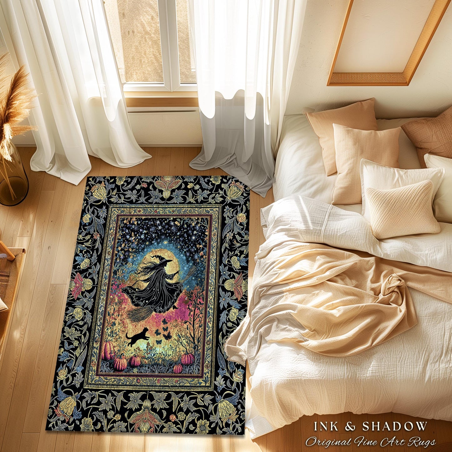 Starlit Storybook Witch Accent Rug | Flying Broomstick Gothic Ethereal Aesthetic Broomstick Magic Celestial Whimsical Decor Enchanted Dorm |