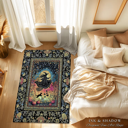 Starlit Storybook Witch Accent Rug | Flying Broomstick Gothic Ethereal Aesthetic Broomstick Magic Celestial Whimsical Decor Enchanted Dorm |