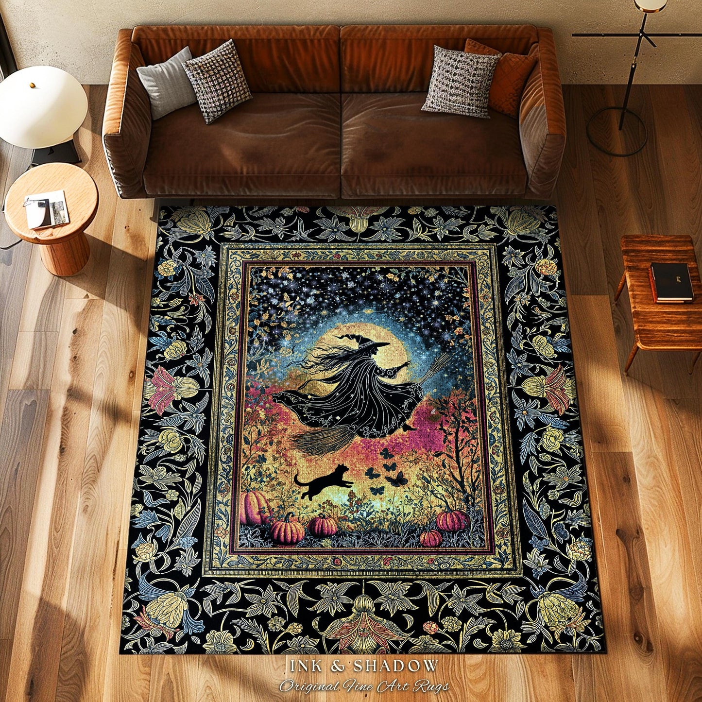 Starlit Storybook Witch Accent Rug | Flying Broomstick Gothic Ethereal Aesthetic Broomstick Magic Celestial Whimsical Decor Enchanted Dorm |