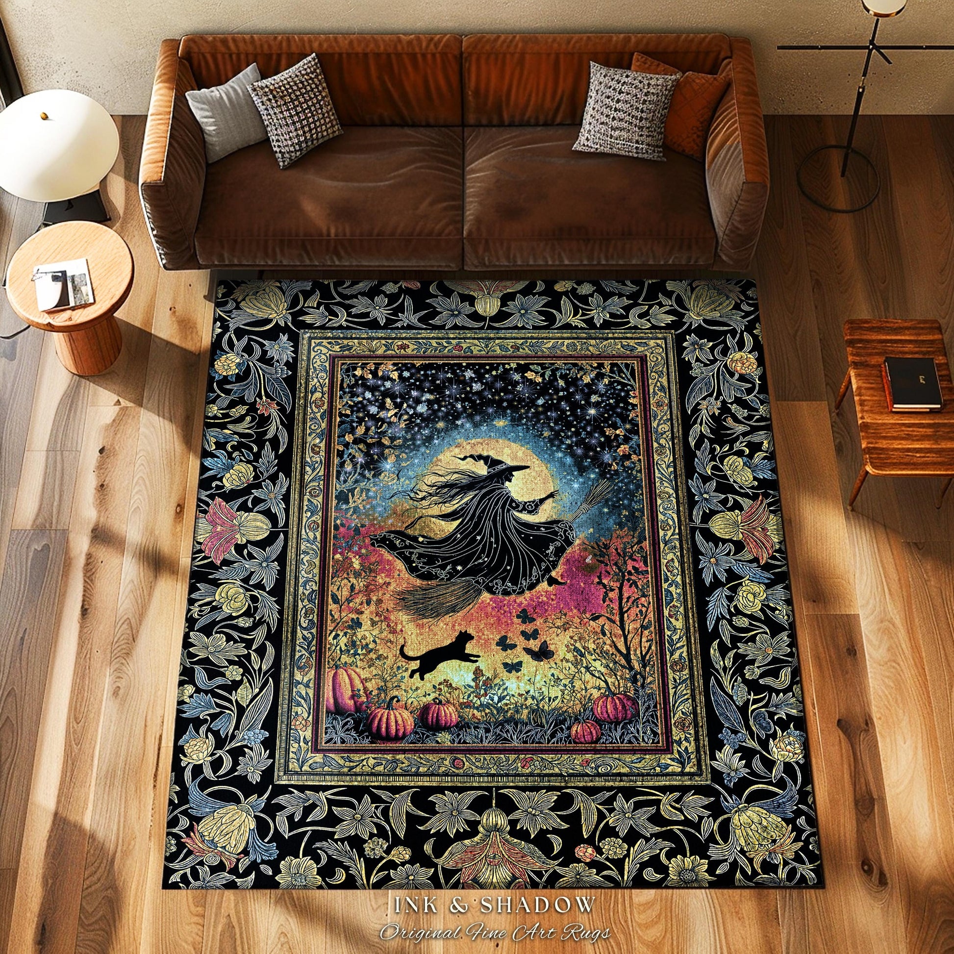 Starlit Storybook Witch Accent Rug | Flying Broomstick Gothic Ethereal Aesthetic Broomstick Magic Celestial Whimsical Decor Enchanted Dorm |