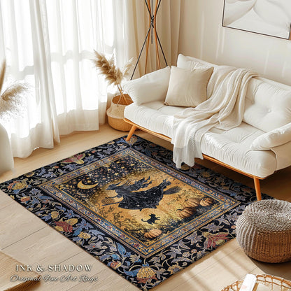 Autumn Golden Gothic Sky Rug | Celestial Black Cat Bedroom Accent Whimsigoth Decor Mystic Aesthetic Pumpkin Enchanted Magic Style Dorm Room