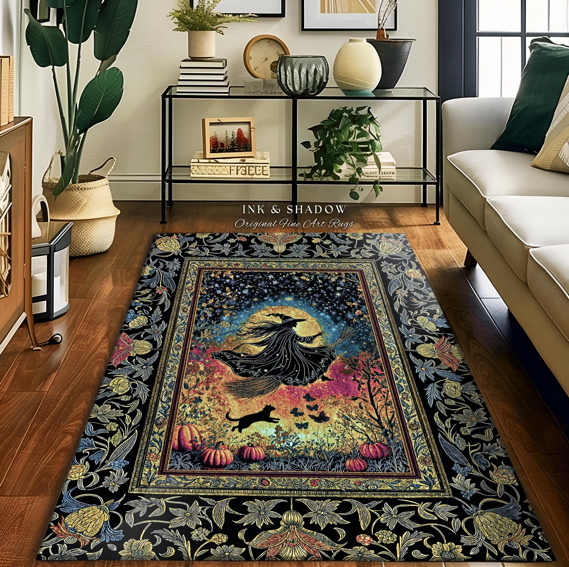 Starlit Storybook Witch Accent Rug | Flying Broomstick Gothic Ethereal Aesthetic Broomstick Magic Celestial Whimsical Decor Enchanted Dorm |