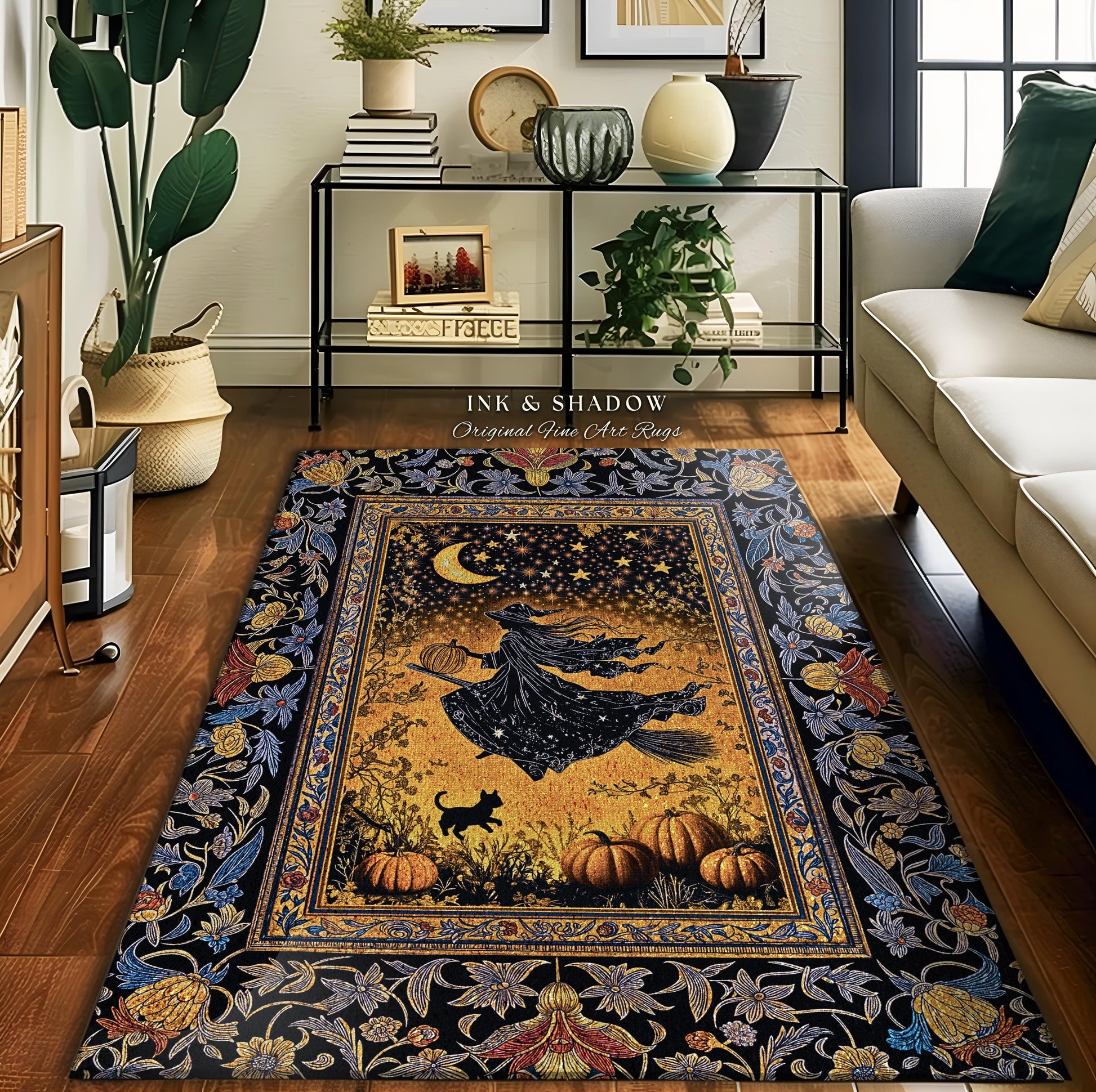 Autumn Golden Gothic Sky Rug | Celestial Black Cat Bedroom Accent Whimsigoth Decor Mystic Aesthetic Pumpkin Enchanted Magic Style Dorm Room