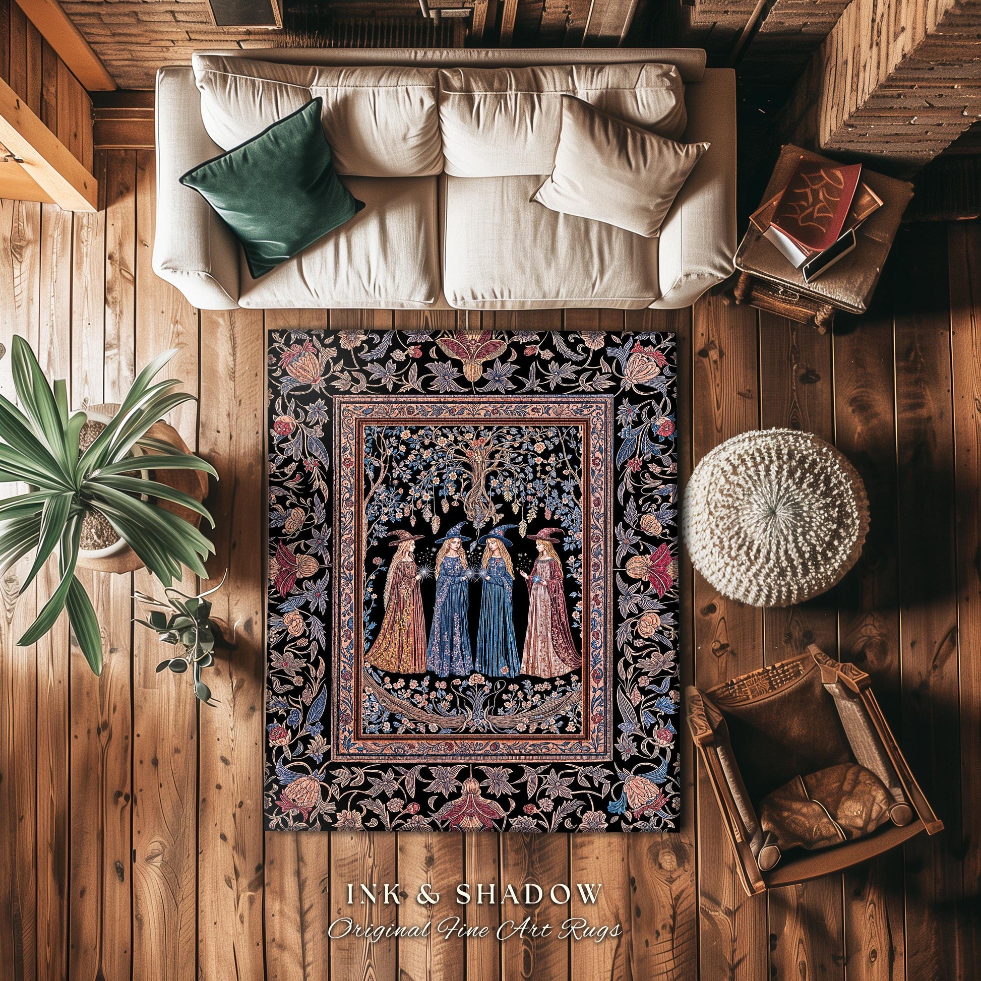 Witchy Folklore Ethereal Accent Rug | Occult Baroque Witches Dreamy Aesthetic Magical Bedroom Area Rug Crowcore Dorm Renaissance Ornate |