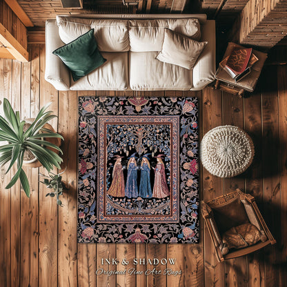 Witchy Folklore Ethereal Accent Rug | Occult Baroque Witches Dreamy Aesthetic Magical Bedroom Area Rug Crowcore Dorm Renaissance Ornate |