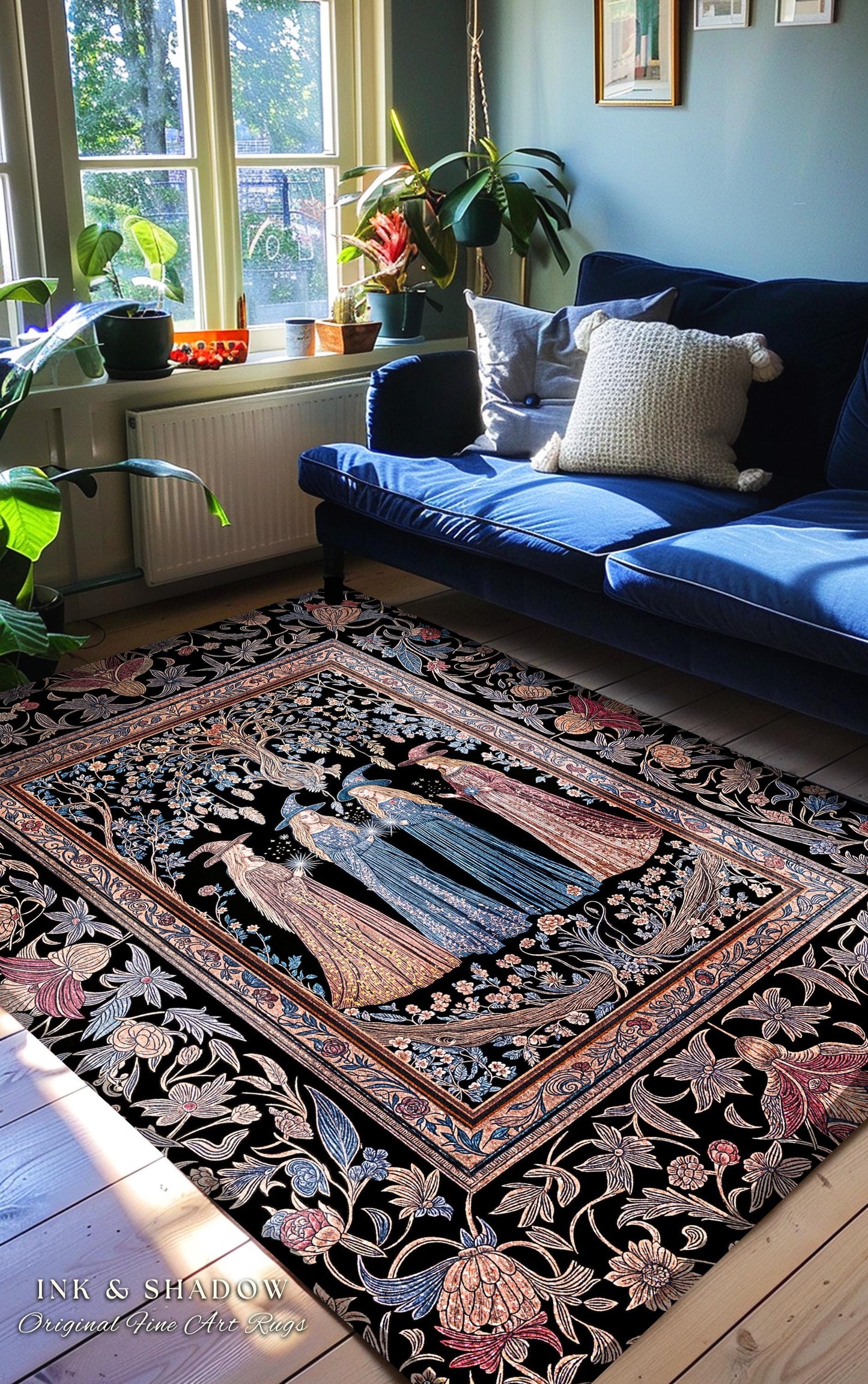 Witchy Folklore Ethereal Accent Rug | Occult Baroque Witches Dreamy Aesthetic Magical Bedroom Area Rug Crowcore Dorm Renaissance Ornate |
