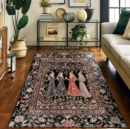 Enchanted Maidens Rustic Area Rug | Mystical Folklore Floral Gothic Art Nouveau Bedroom Rug Ethereal Coven Magic Dark Boho Aesthetic Decor