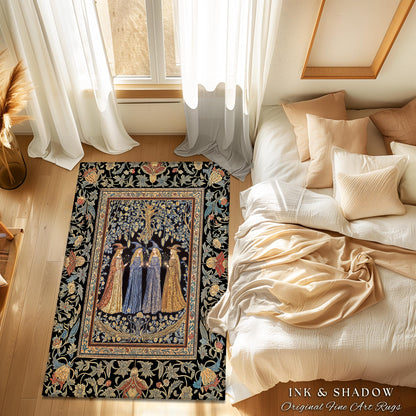 Celestial Witches Gothic Bedroom Rug | Dreamy Maiden Forest Enchantment Floral Magic Coven Witchy Area Rug Folk Tale Sisterhood Art Bohemian